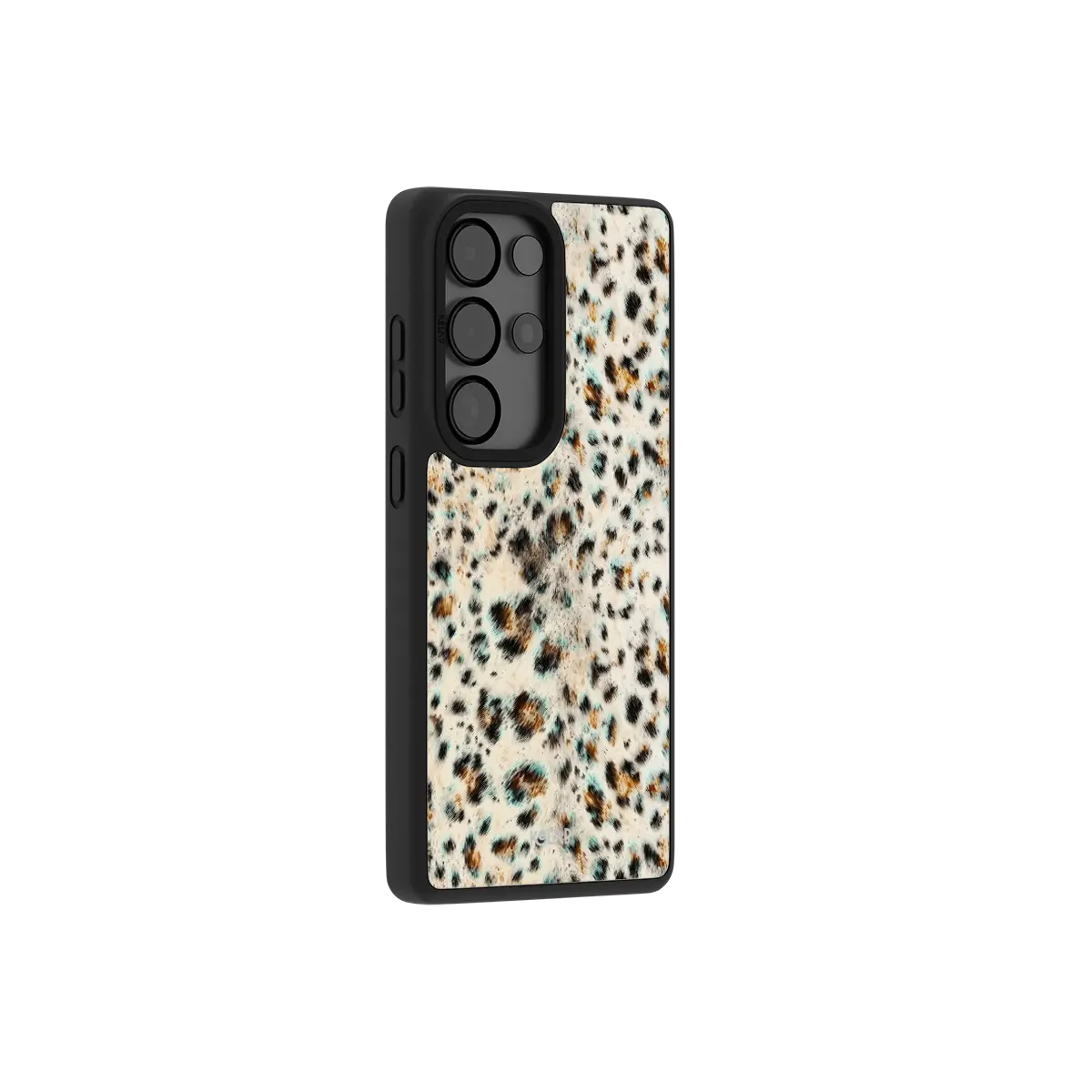 Teal leopard print Samsung Galaxy case at a side angle showing the wrapped button covers