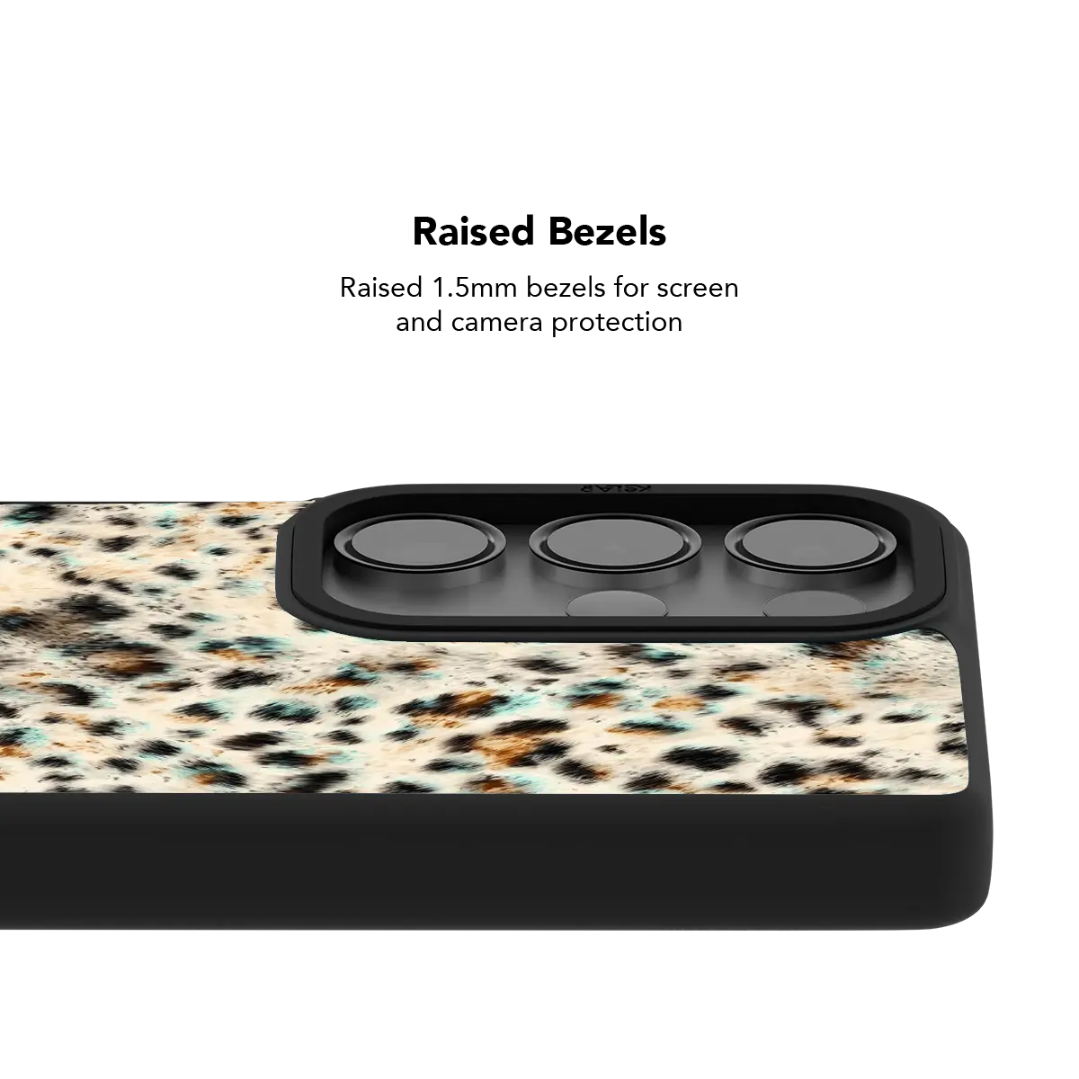 Raised bezel on the teal leopard Galaxy case lifting the camera lenses clear of a flat surface
