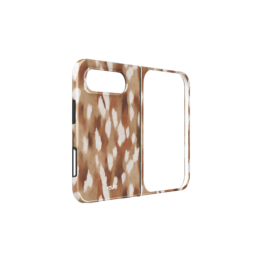 Caramel Fawn Print iPhone 18 Fold Case, unfolded side view showing the hinge