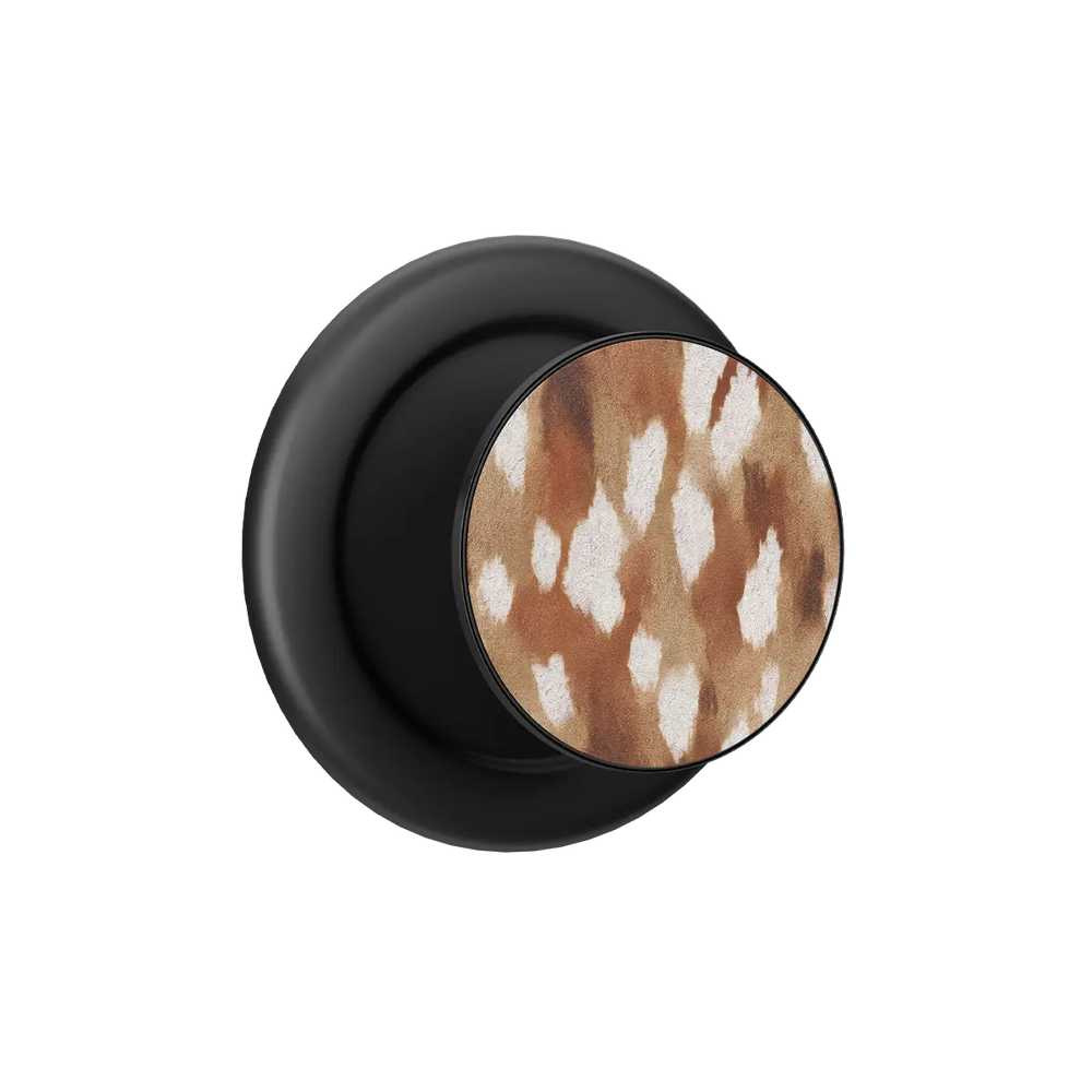 Fawn spots MagSafe phone grip with black ring, expanded and standing open