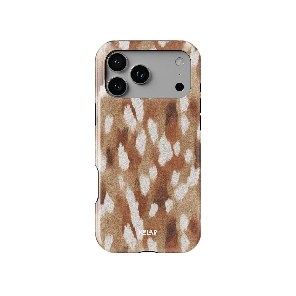Fawn spots Tough iPhone case, back view with cream deer spots on caramel around the camera cutout