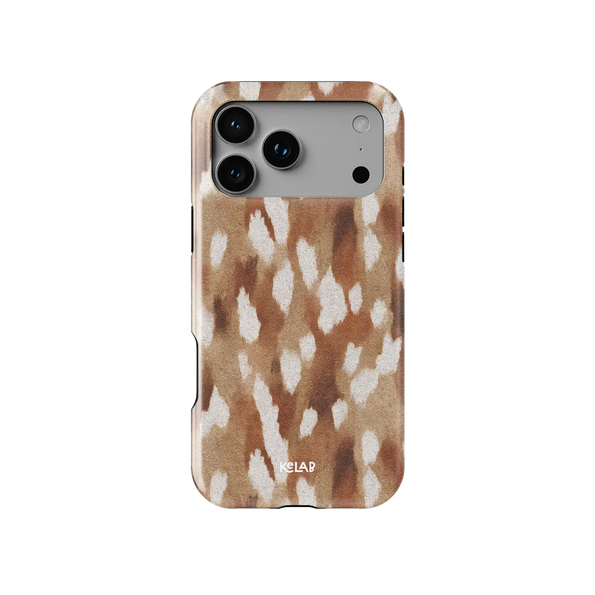 Fawn spots Tough iPhone case, back view with cream deer spots on caramel around the camera cutout