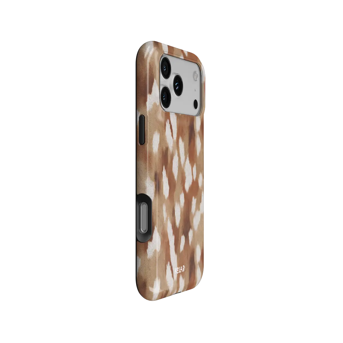 Fawn spots Tough iPhone case at a side angle showing the wrapped button covers