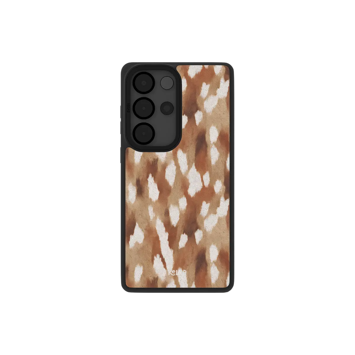 Fawn spots Samsung Galaxy case, back view with cream deer spots on caramel around the camera cutout