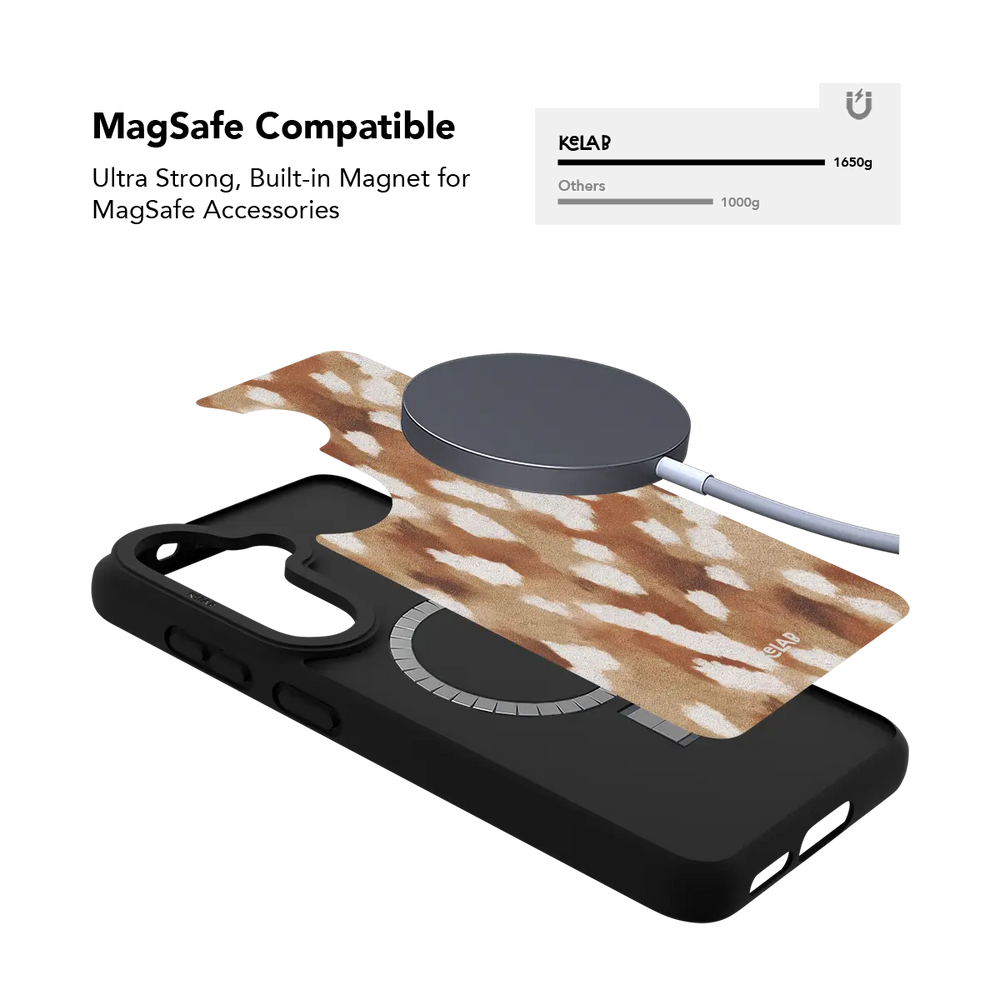 Fawn spots Samsung Galaxy case holding a magnetic wireless charger through the built in ring