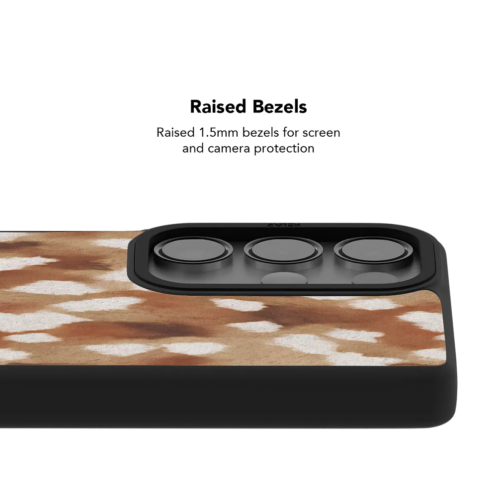 Raised bezel on the fawn spots Galaxy case lifting the camera lenses clear of a flat surface