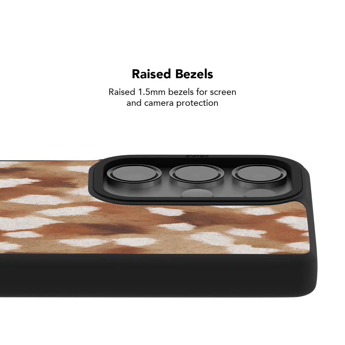 Raised bezel on the fawn spots Galaxy case lifting the camera lenses clear of a flat surface