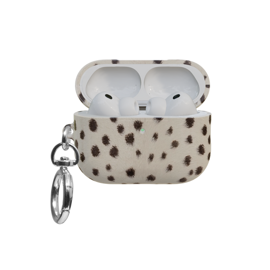 Cream Cheetah airpods pro case front view with open lid and keychain