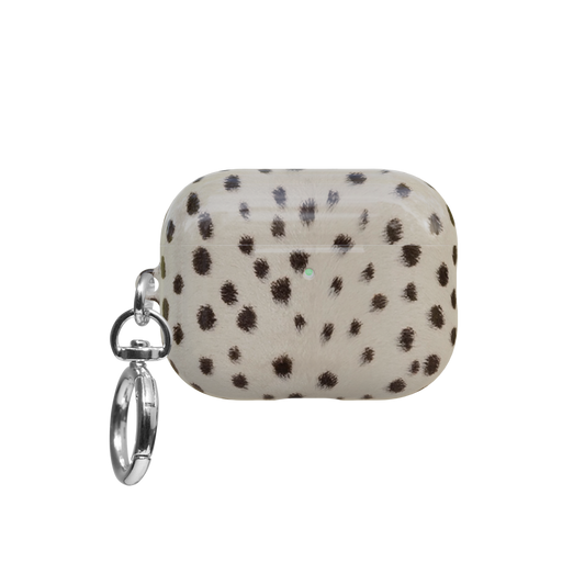 Cream Cheetah airpods pro case front view with closed lid and keychain