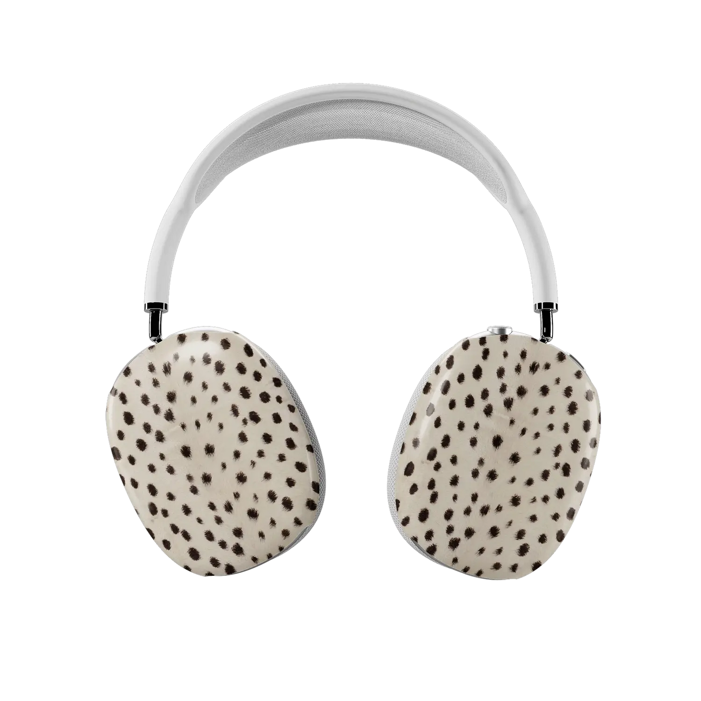Cream cheetah print AirPods Max covers fitted on both earcups, front view