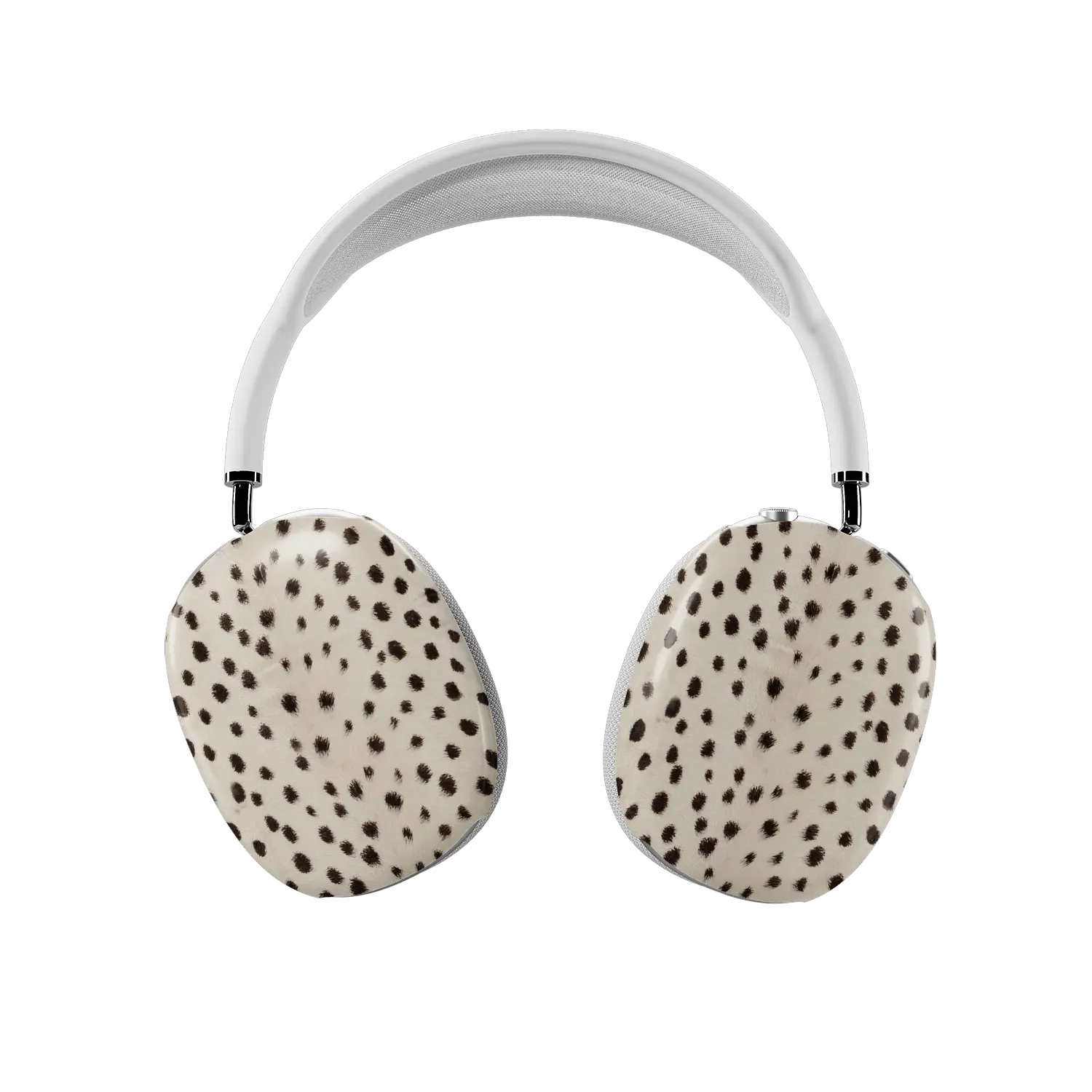 Cream cheetah print AirPods Max covers fitted on both earcups, front view