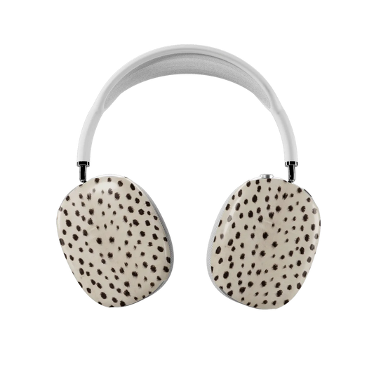 Cream cheetah print AirPods Max covers fitted on both earcups, front view
