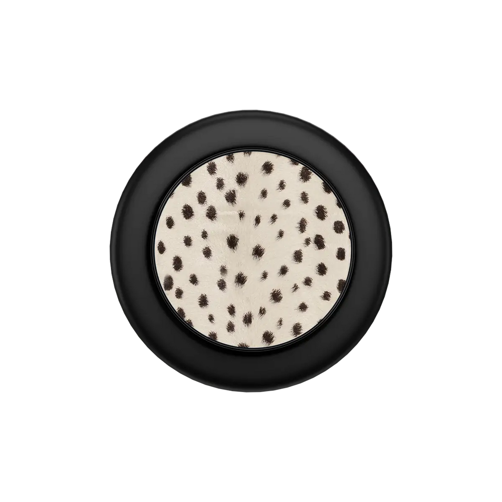 Cream cheetah MagSafe phone grip with black ring folded flat, top down view