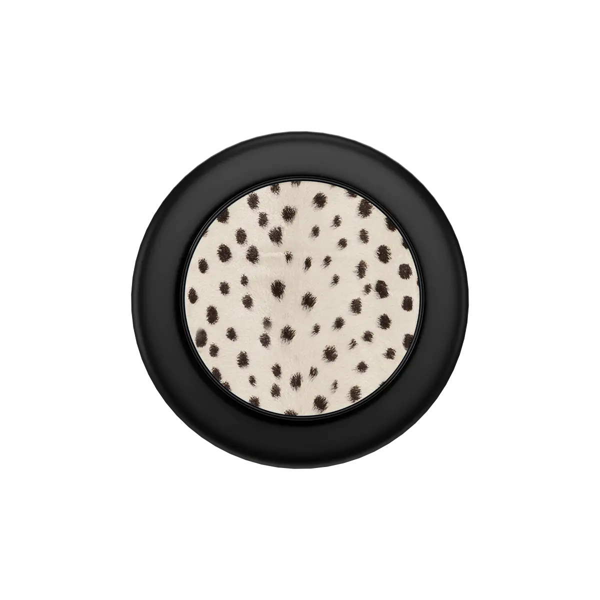 Cream cheetah MagSafe phone grip with black ring folded flat, top down view