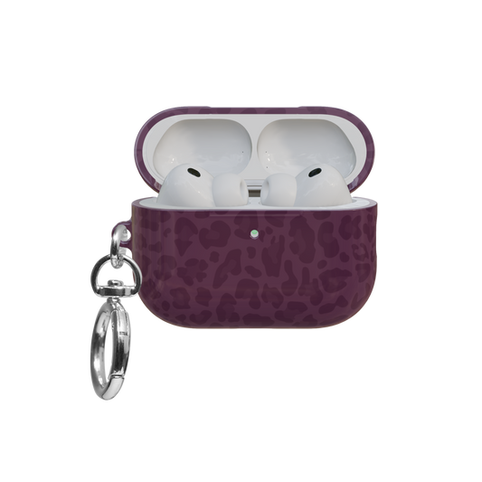 Burgundy Leopard Print airpods pro case front view with open lid and keychain
