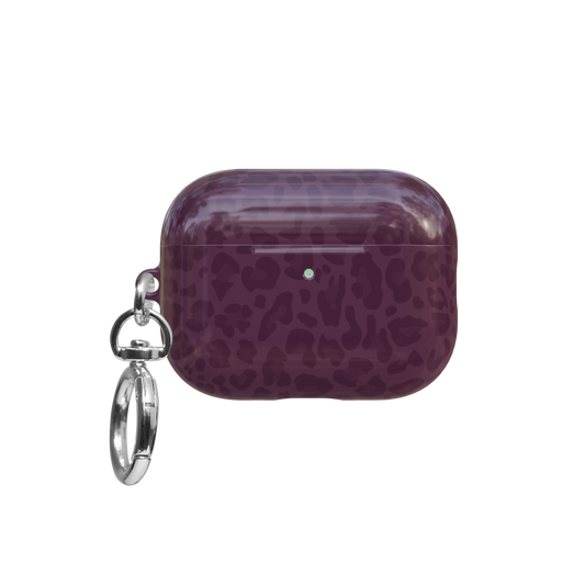 Burgundy Leopard Print airpods pro case front view with closed lid and keychain