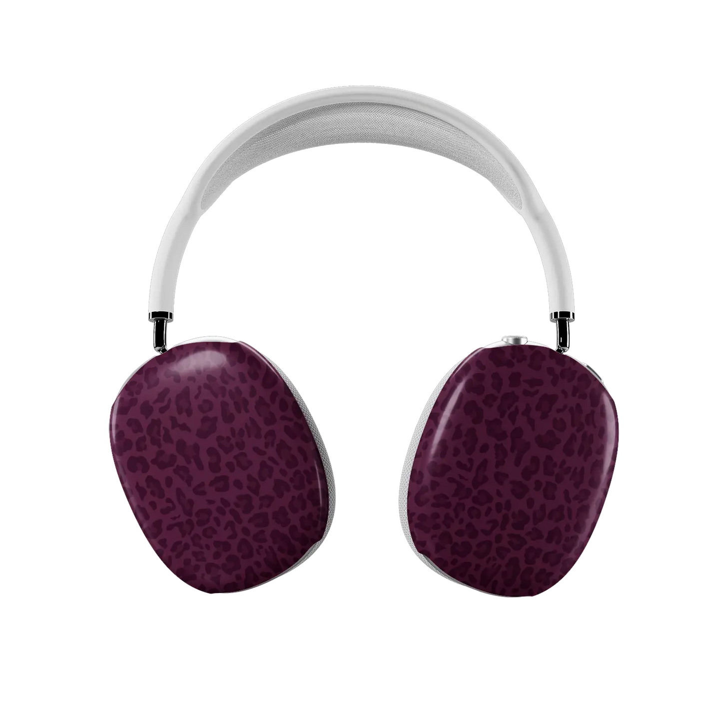 Burgundy leopard print AirPods Max covers fitted on both earcups, front view