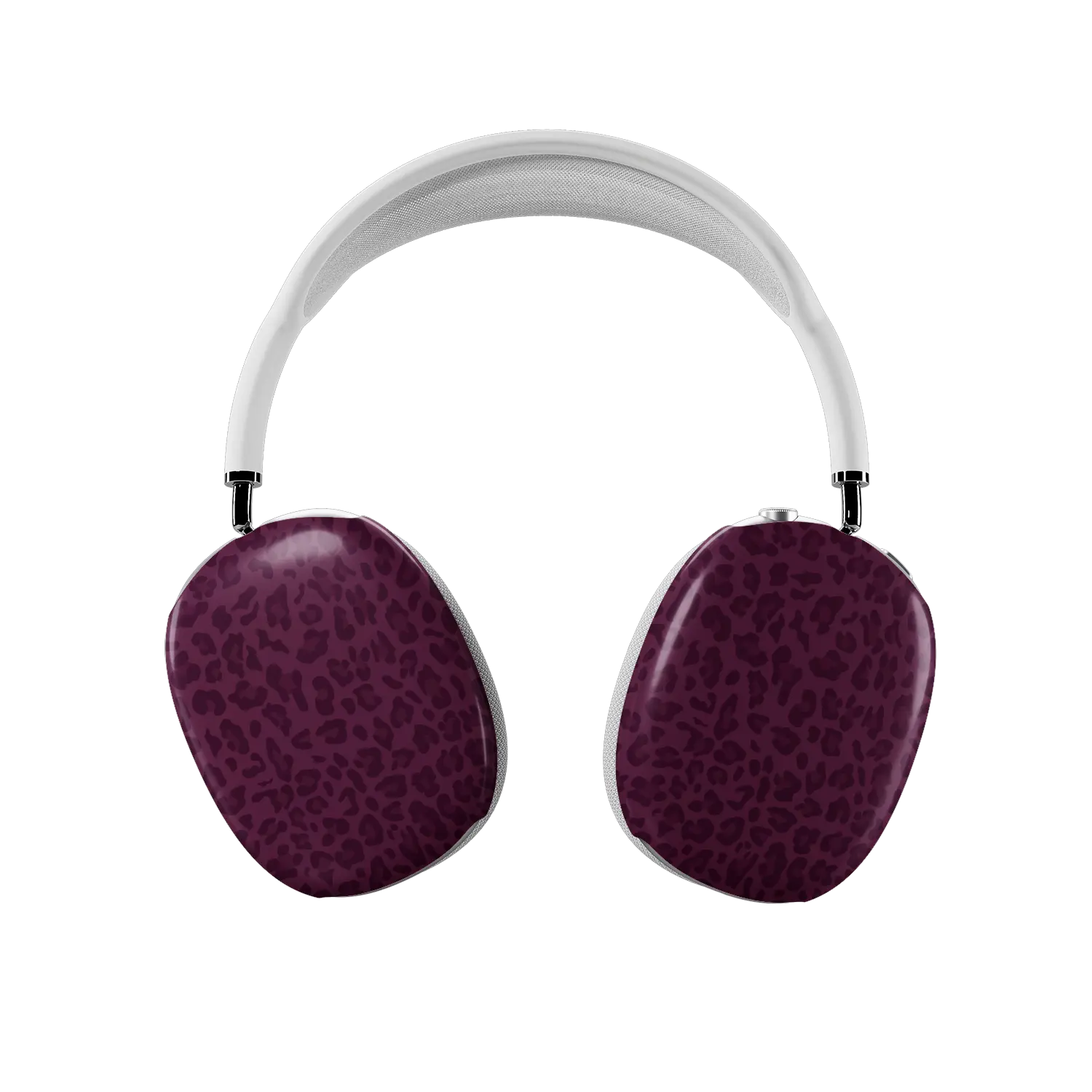 Burgundy leopard print AirPods Max covers fitted on both earcups, front view