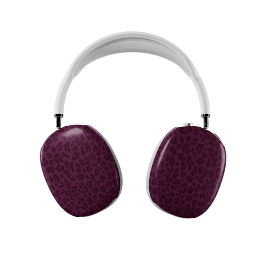 Burgundy leopard print AirPods Max covers fitted on both earcups, front view