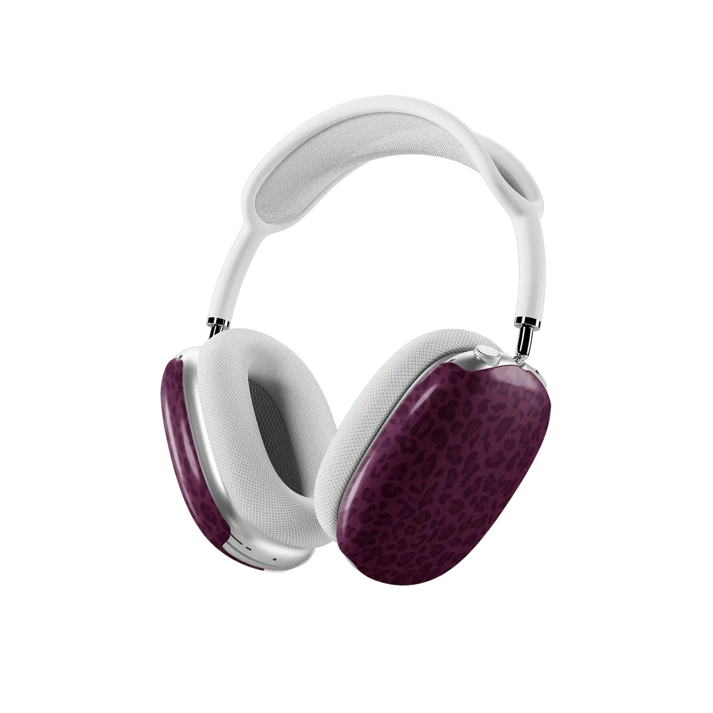 Burgundy leopard AirPods Max earcup covers seen at a three quarter angle