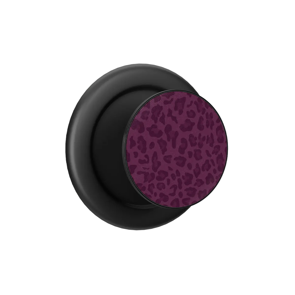 Burgundy leopard print MagSafe phone grip with black ring, expanded and standing open