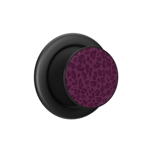 Burgundy leopard print MagSafe phone grip with black ring, expanded and standing open