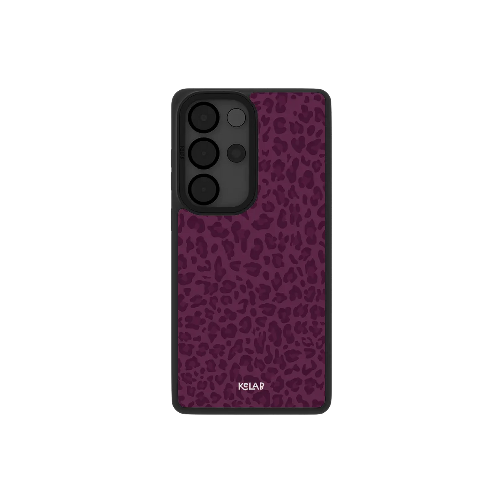 Burgundy leopard print Samsung Galaxy case, back view with tonal wine rosettes around the camera cutout