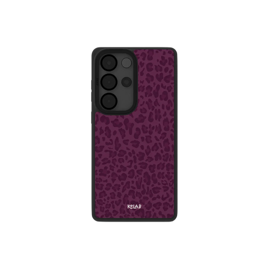 Burgundy leopard print Samsung Galaxy case, back view with tonal wine rosettes around the camera cutout