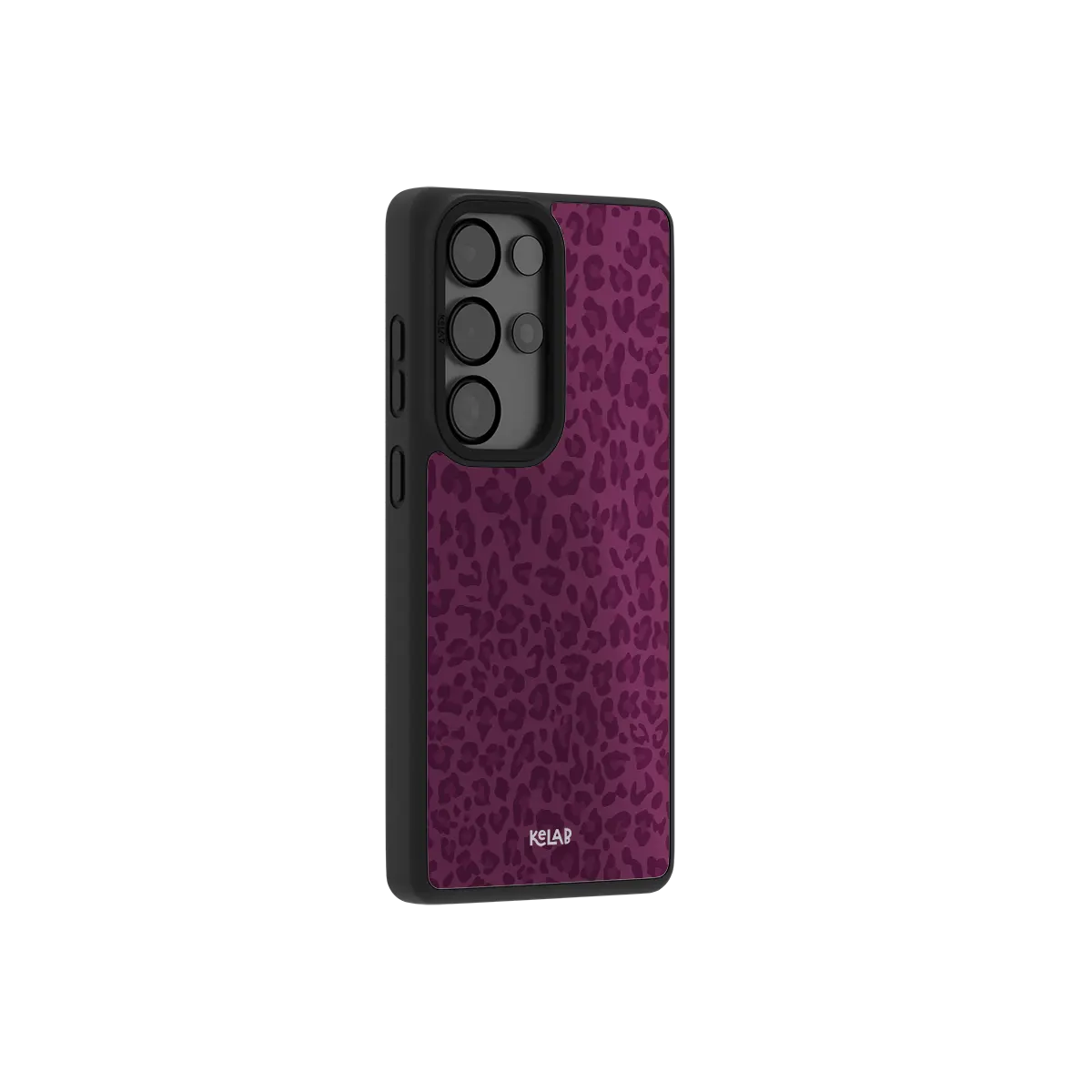 Burgundy leopard print Samsung Galaxy case at a side angle showing the wrapped button covers