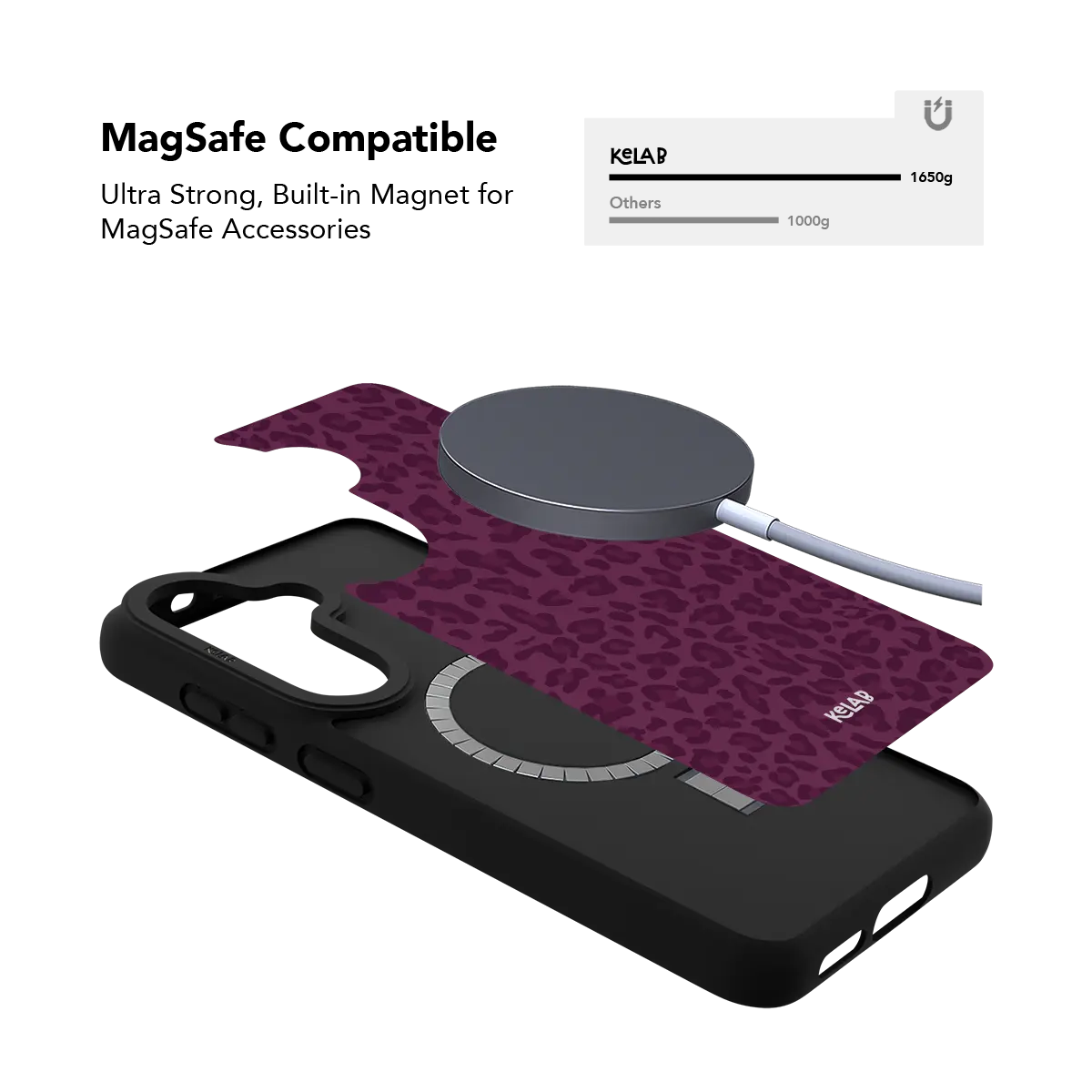 Burgundy leopard Samsung Galaxy case holding a magnetic wireless charger through the built in ring