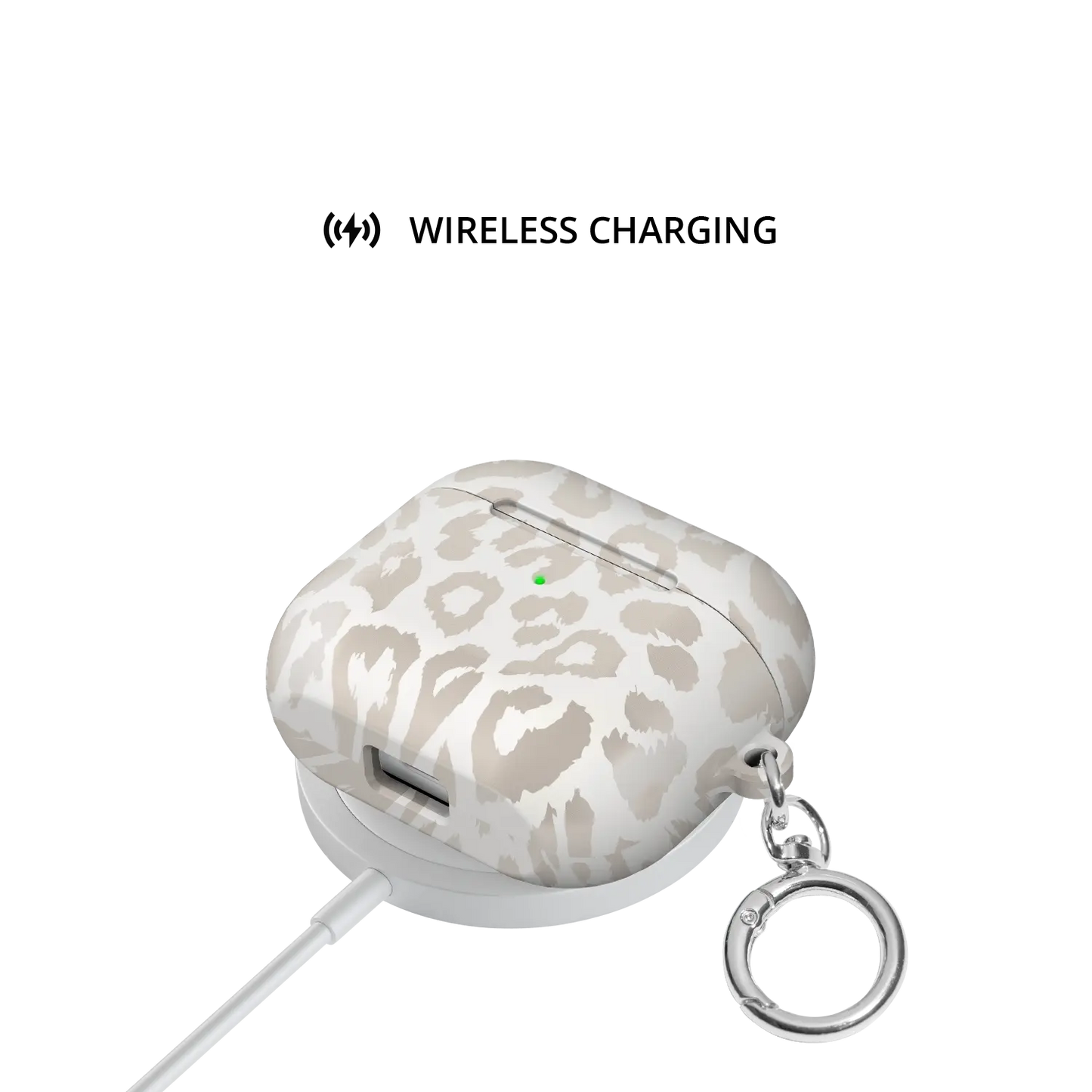Quiet Spots | Minimalist Leopard AirPods Case - shown on wireless charger