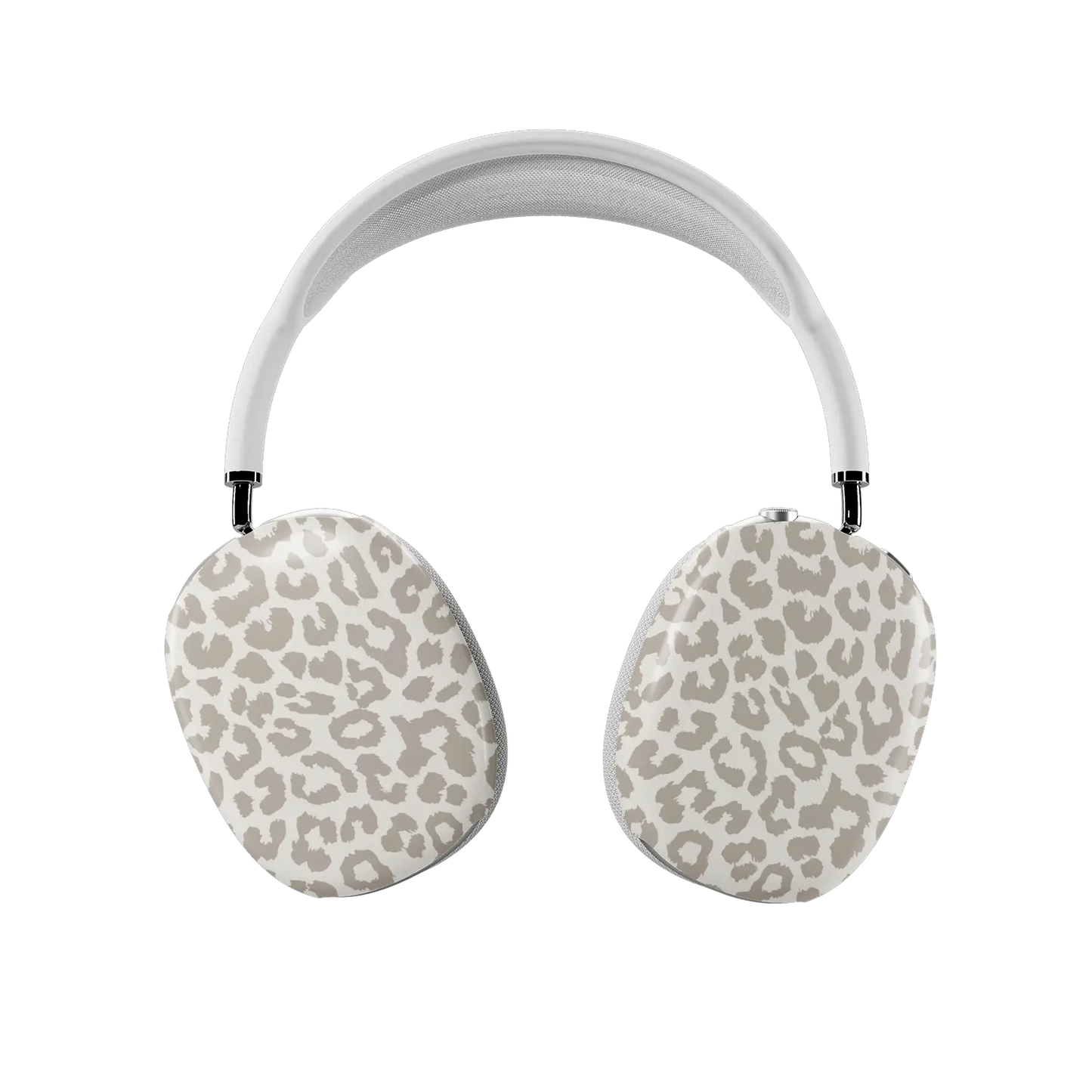 Minimalist leopard print AirPods Max covers fitted on both earcups, front view