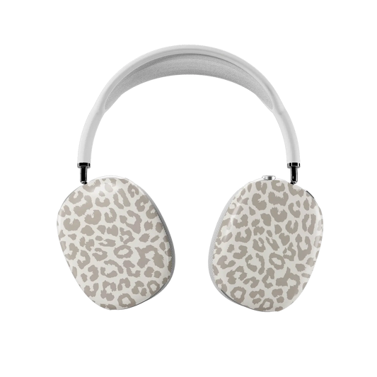 Minimalist leopard print AirPods Max covers fitted on both earcups, front view