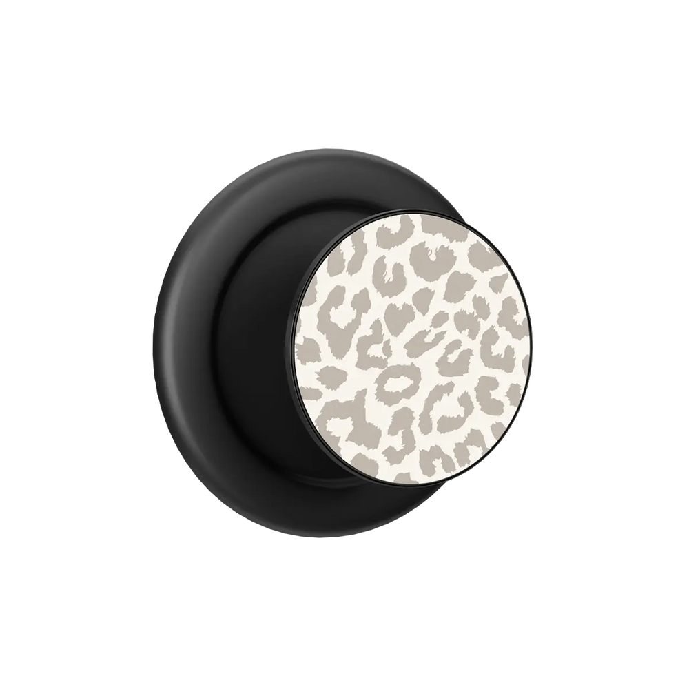 Minimalist leopard print MagSafe phone grip with black ring, expanded and standing open