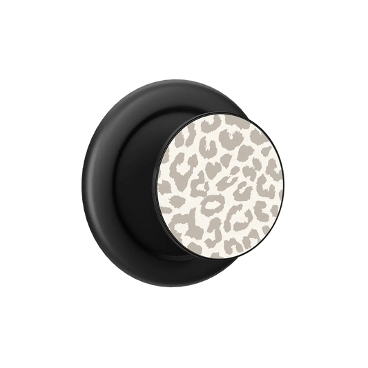 Minimalist leopard print MagSafe phone grip with black ring, expanded and standing open