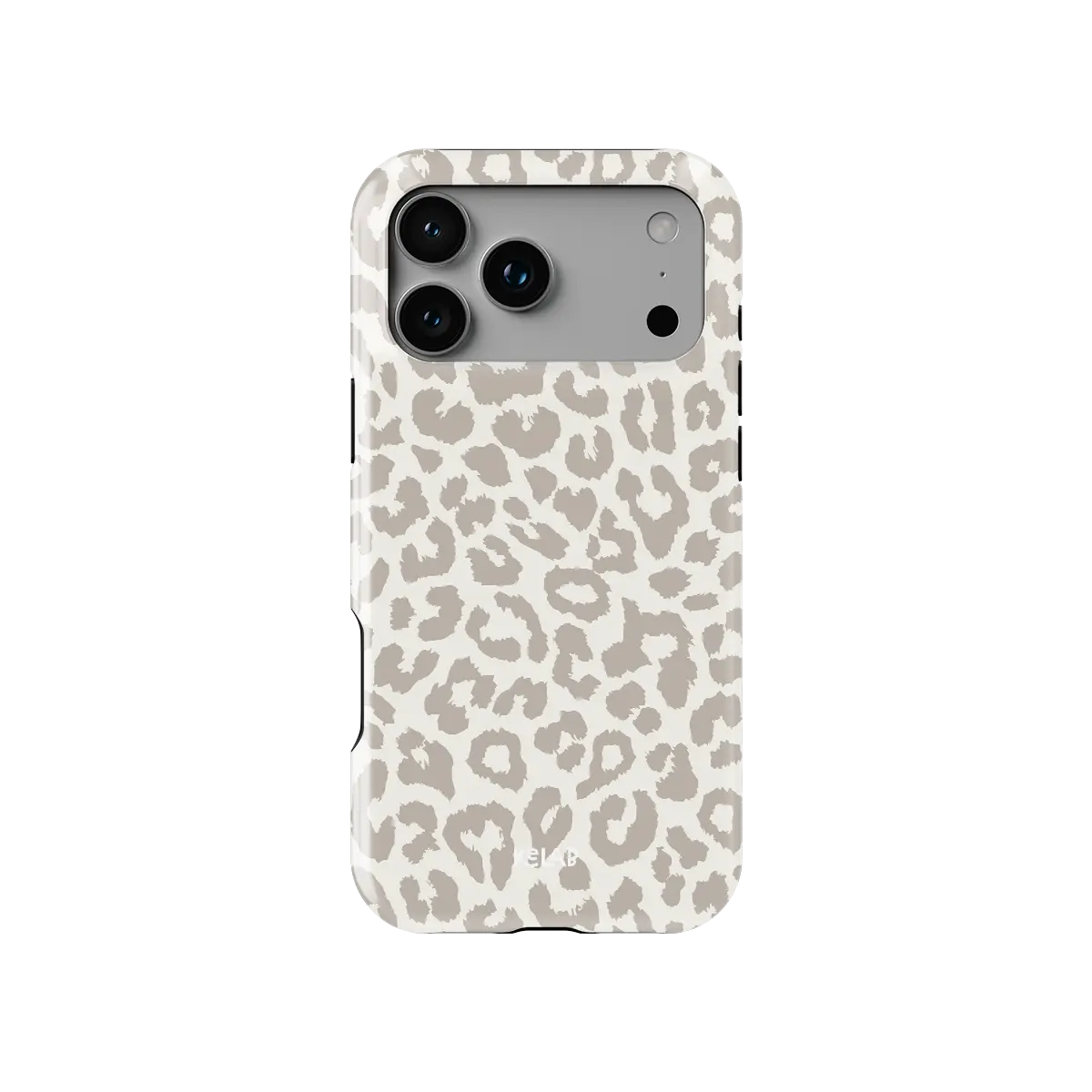 Minimalist leopard Tough iPhone case, back view with grey outline spots on cream around the camera cutout