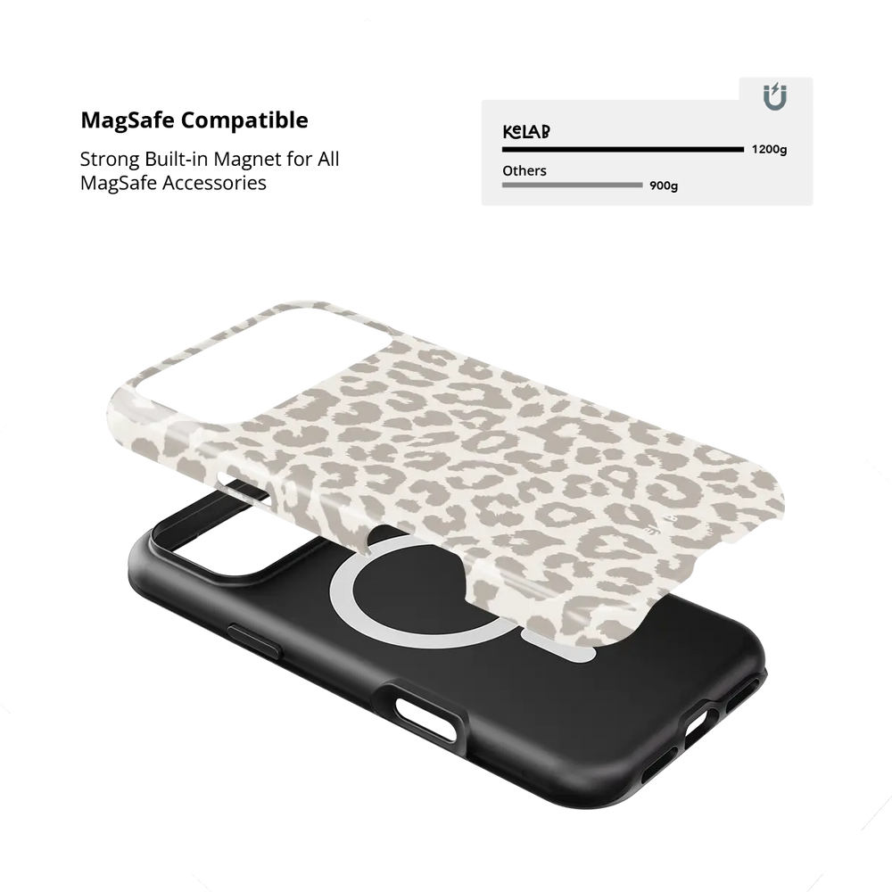 Minimalist leopard Tough iPhone case holding a MagSafe charger through the built in magnets