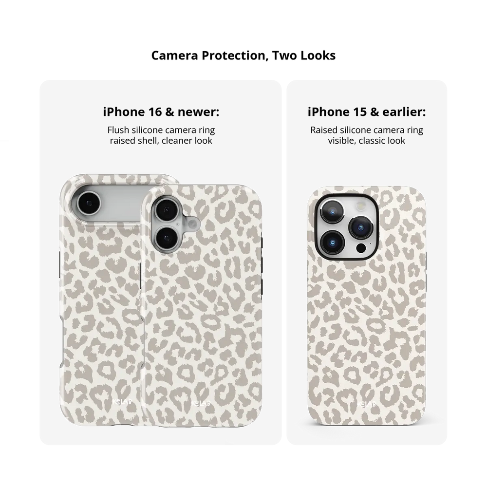 Camera protection on the minimalist leopard Tough iPhone case compared across iPhone models