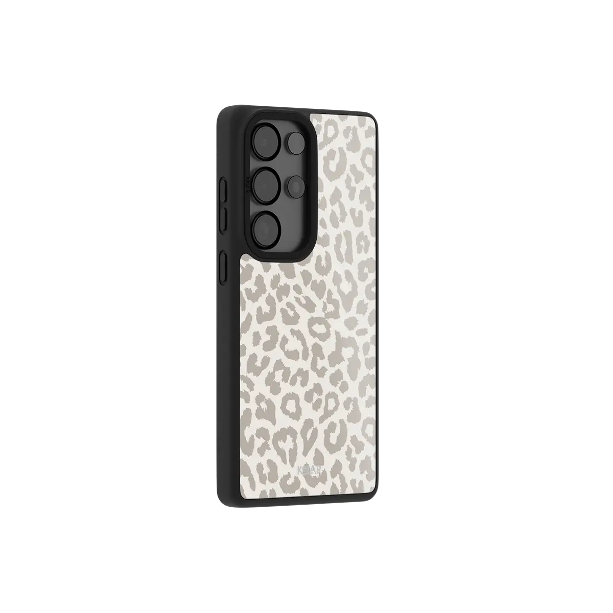 Minimalist leopard Samsung Galaxy case at a side angle showing the wrapped button covers