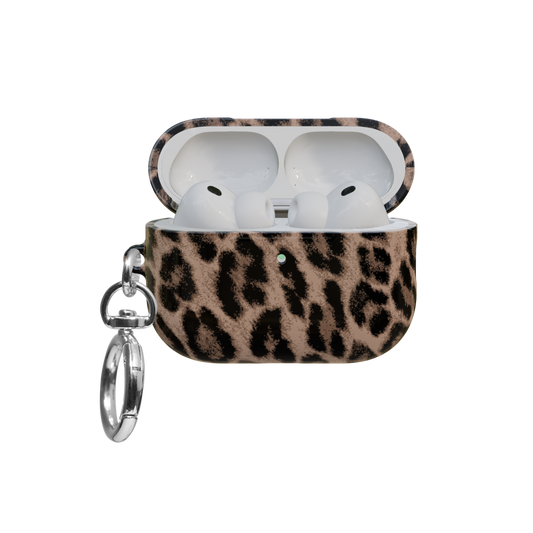Brown Leopard airpods pro case front view with open lid and keychain