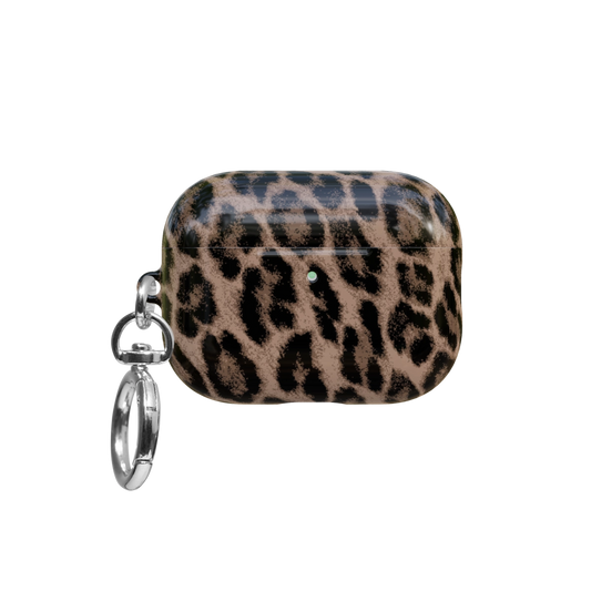Brown Leopard airpods pro case front view with closed lid and keychain