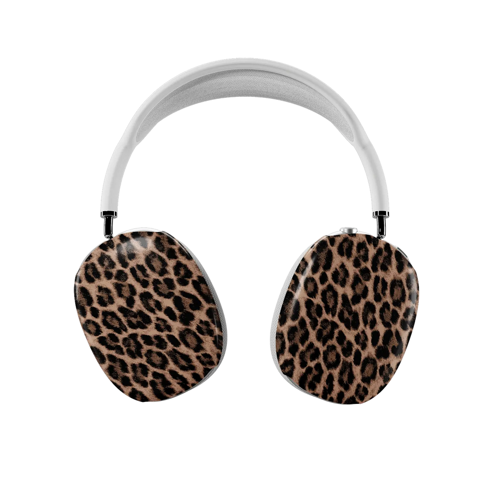 Brown leopard print AirPods Max covers fitted on both earcups, front view