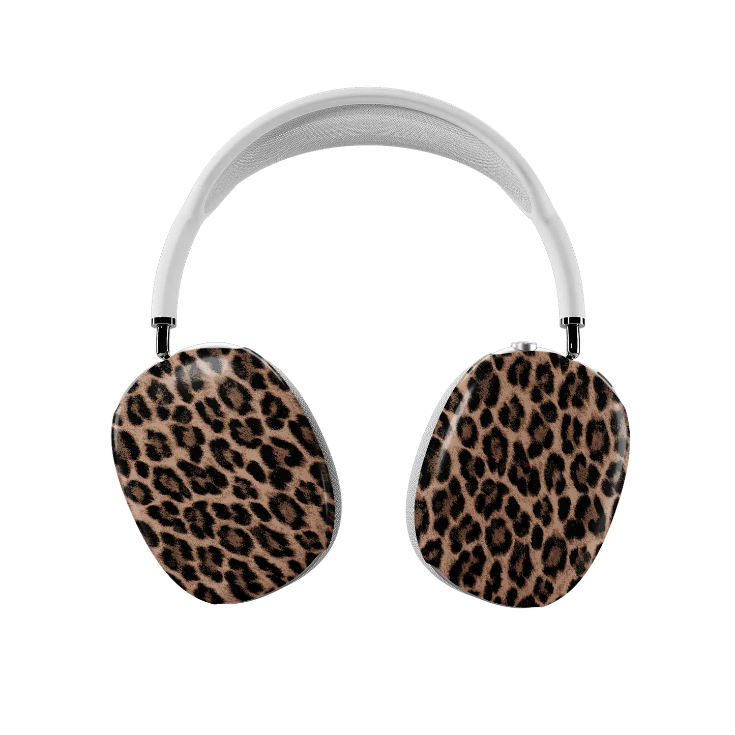 Brown leopard print AirPods Max covers fitted on both earcups, front view