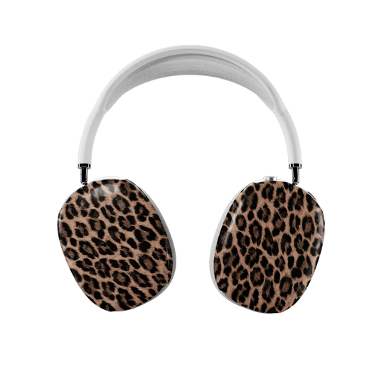 Brown leopard print AirPods Max covers fitted on both earcups, front view