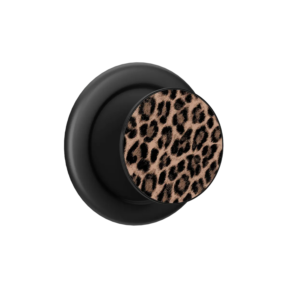 Brown leopard print MagSafe phone grip with black ring, expanded and standing open