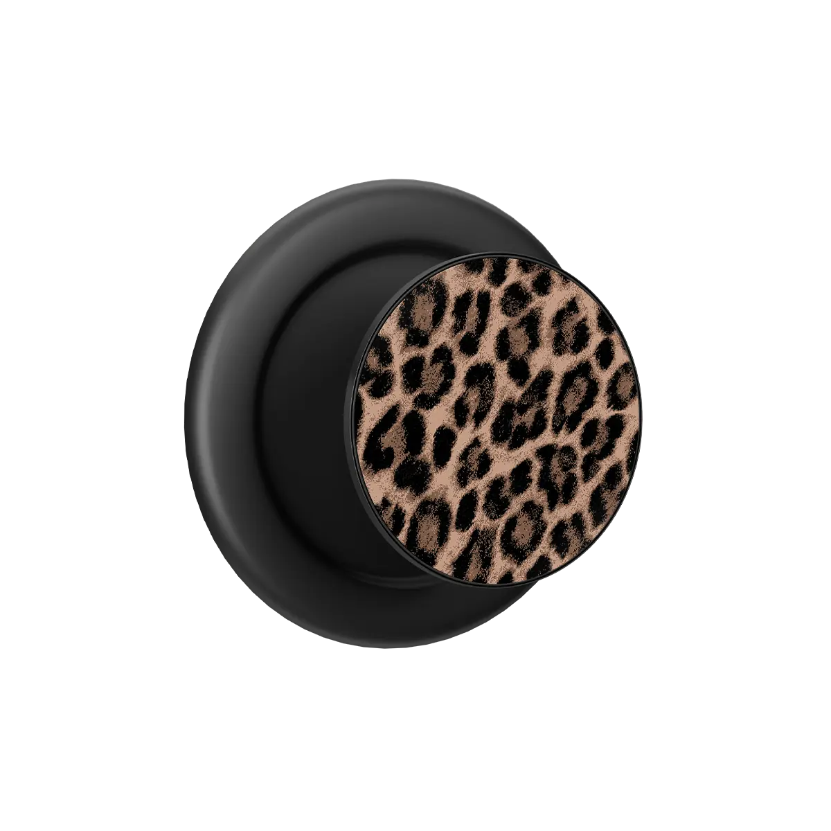 Brown leopard print MagSafe phone grip with black ring, expanded and standing open