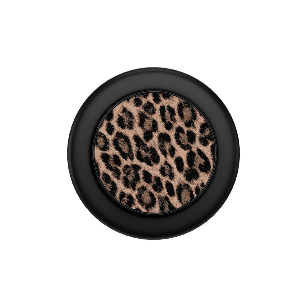 Brown leopard MagSafe phone grip with black ring folded flat, top down view