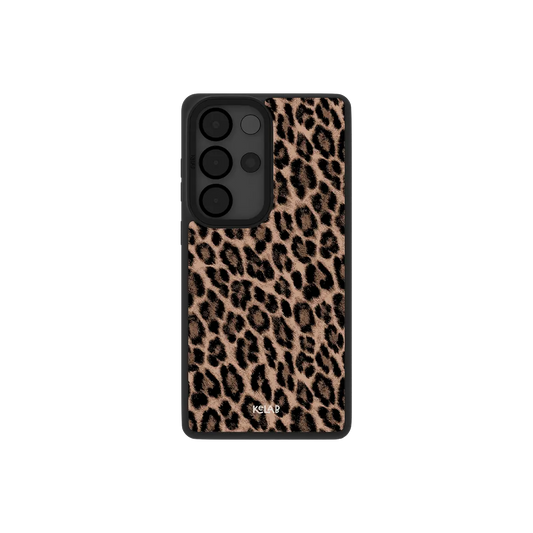 Brown leopard print Samsung Galaxy case, back view with tan and black rosettes around the camera cutout