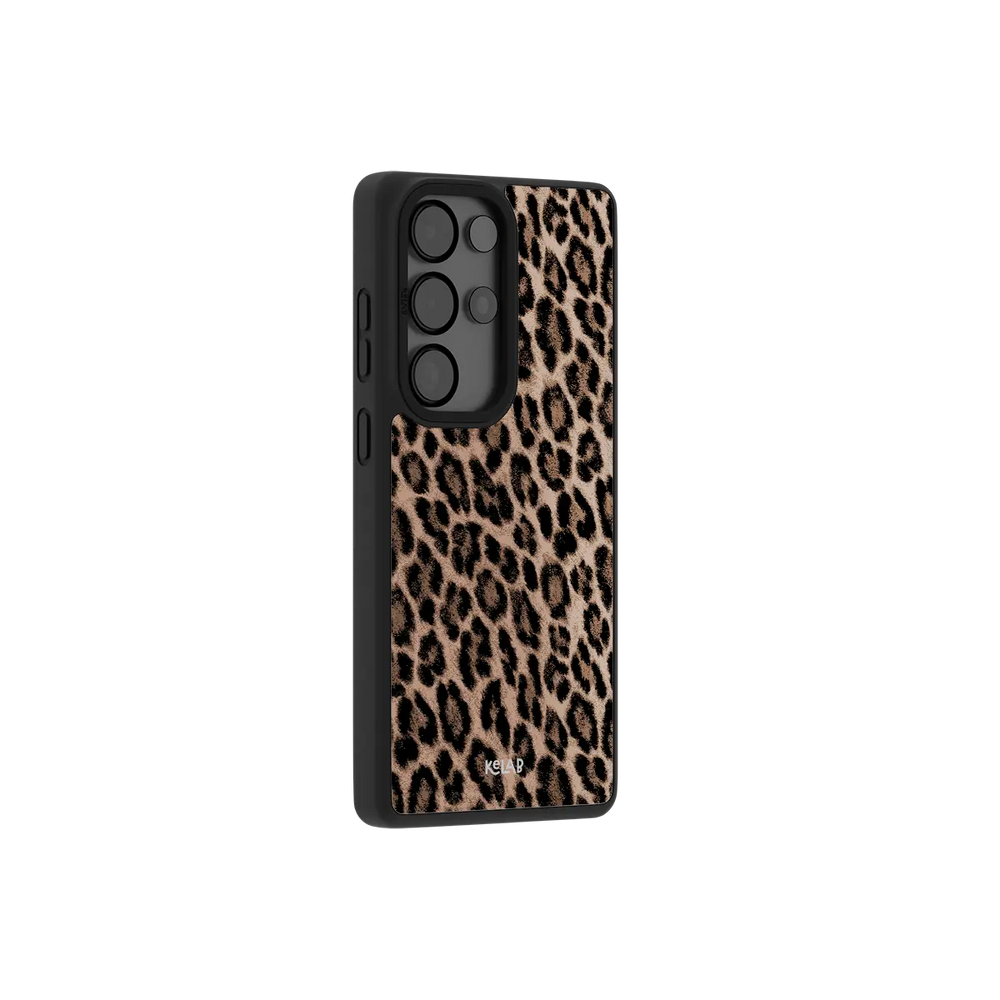 Brown leopard print Samsung Galaxy case at a side angle showing the wrapped button covers