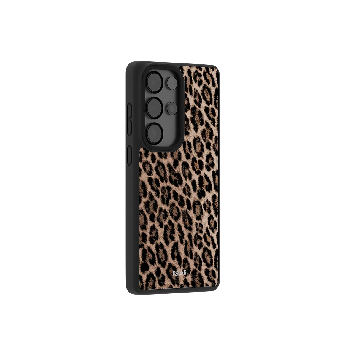 Brown leopard print Samsung Galaxy case at a side angle showing the wrapped button covers